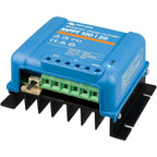 Victron BlueSolar MPPT 100/20 charge controller, blue housing with green terminal block and black heat sink fins mounted on b