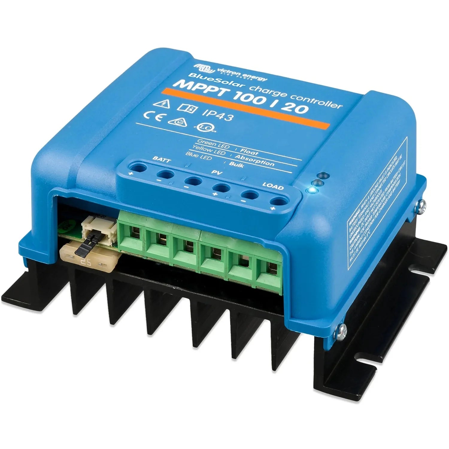 Victron BlueSolar MPPT 100/20 charge controller, blue housing with green terminal block and black heat sink fins mounted on b