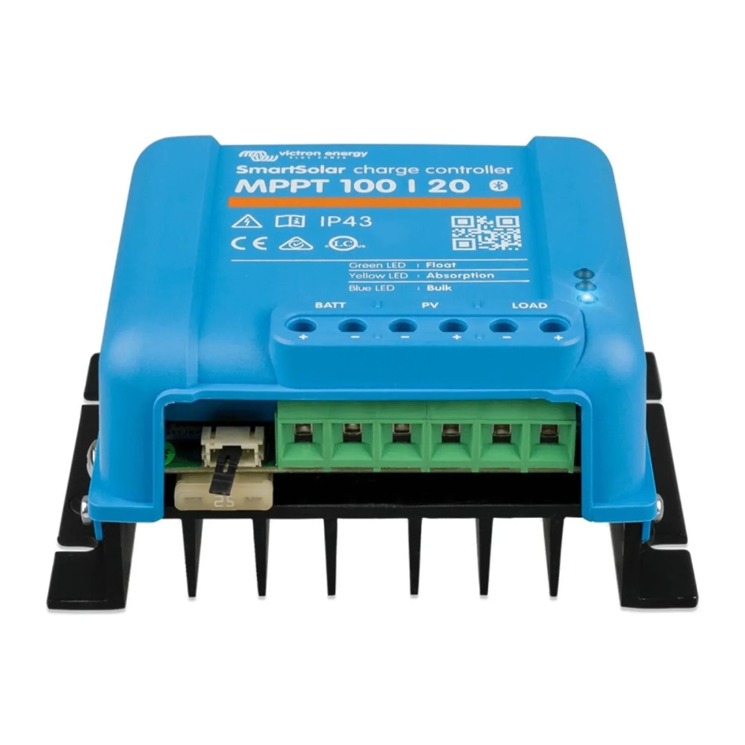 Blue Victron SmartSolar MPPT 100/20 charge controller with green terminal block connectors and status LEDs visible from above