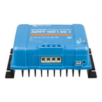 Victron SmartSolar MPPT 100/30 charge controller, blue device with terminal connections and heat sink fins, front view.