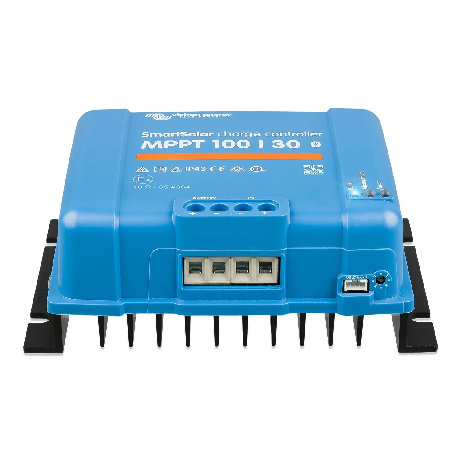 Victron SmartSolar MPPT 100/30 charge controller, blue device with terminal connections and heat sink fins, front view.