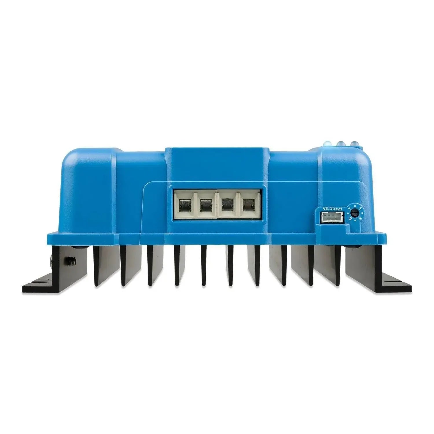 Blue Victron SmartSolar MPPT 100/30 solar charge controller with four terminal connectors and VE.Direct port, front view on w