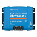 Victron Energy blue SmartSolar MPPT 100/50 charge controller with black terminal block and status indicator lights on right s
