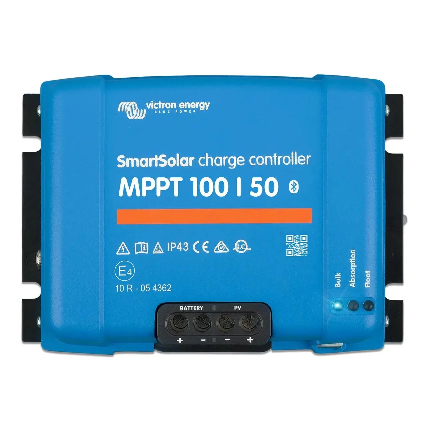 Victron Energy blue SmartSolar MPPT 100/50 charge controller with black terminal block and status indicator lights on right s