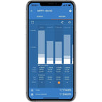 Victron SmartSolar MPPT 100/50 app screen showing solar panel and battery status with daily energy generation chart.
