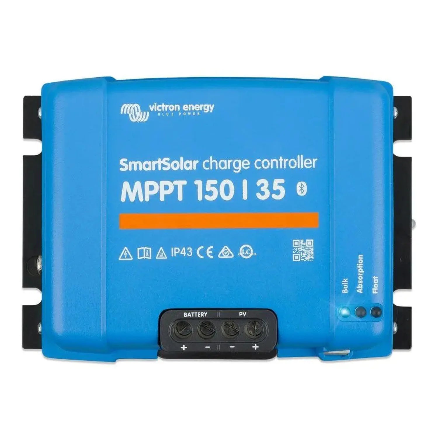 Victron Energy blue SmartSolar MPPT 150/35 charge controller with black terminal connectors and status indicator lights on ri