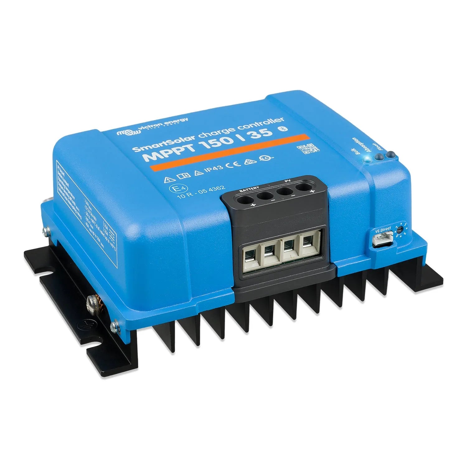 Victron SmartSolar MPPT 150/35 blue charge controller with black terminal block and heat sink fins mounted on base.