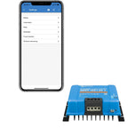 Victron SmartSolar MPPT 150/35 charge controller with smartphone settings screen showing Battery, Load output, Relay, Streetl