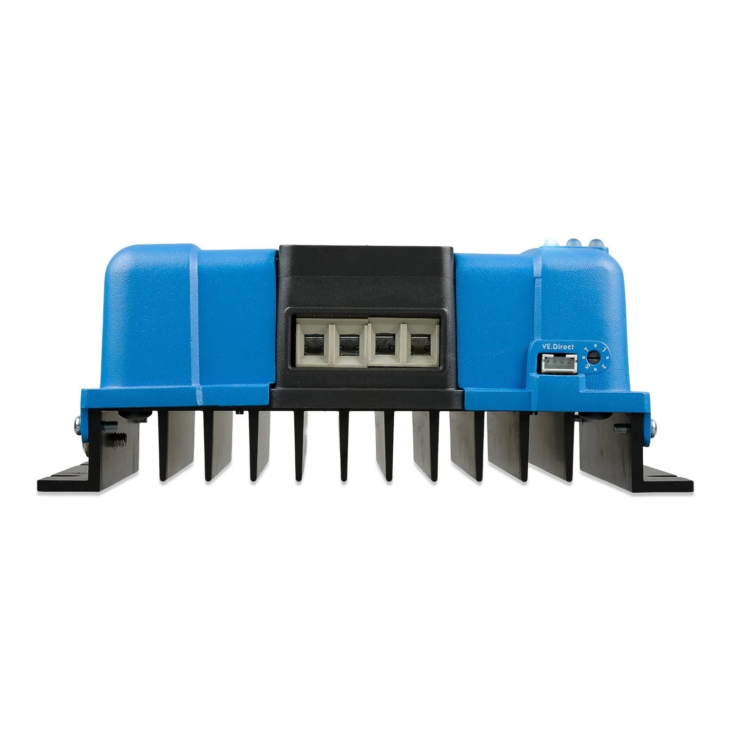Blue and black Victron SmartSolar MPPT solar charge controller with four terminal connectors and VE Direct port, front view.