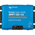 Victron BlueSolar MPPT 150/45 charge controller, blue rectangular device with battery and PV terminal connectors at bottom.