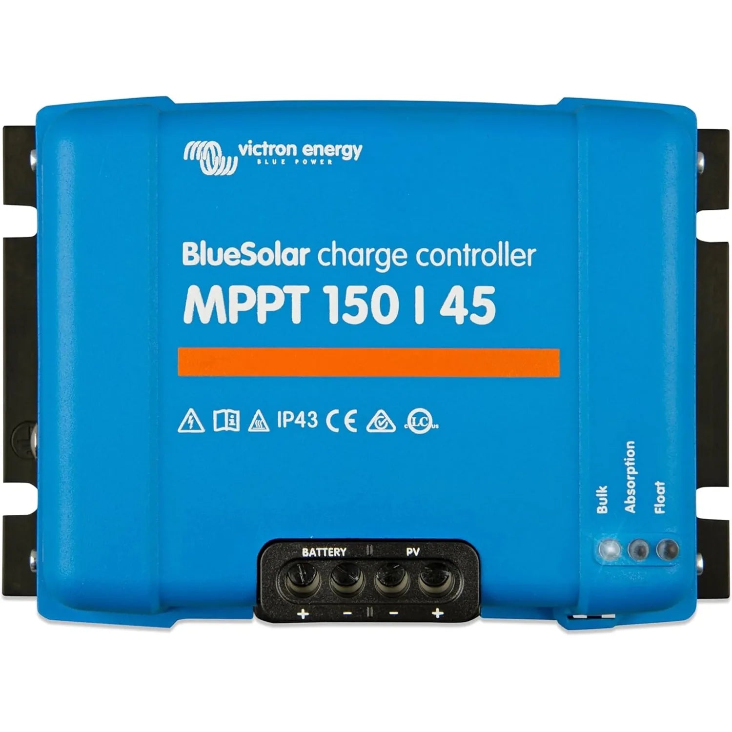 Victron BlueSolar MPPT 150/45 charge controller, blue rectangular device with battery and PV terminal connectors at bottom.