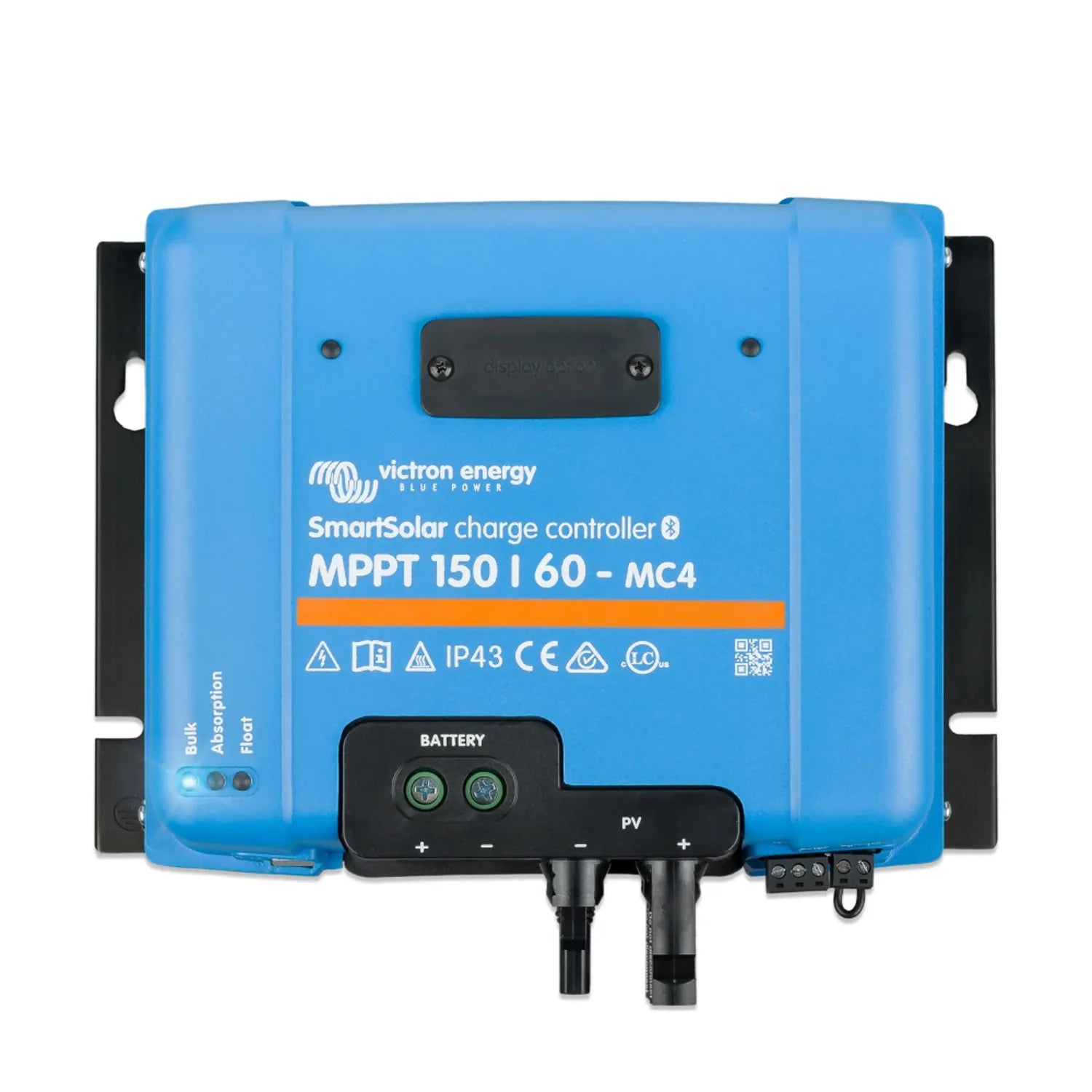 Victron Energy SmartSolar MPPT 150/60 MC4 charge controller, blue front panel with battery terminals and PV connectors.