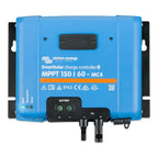 Blue Victron Energy SmartSolar MPPT 150/60-MC4 charge controller with black connectors and display panel shown front-on with 