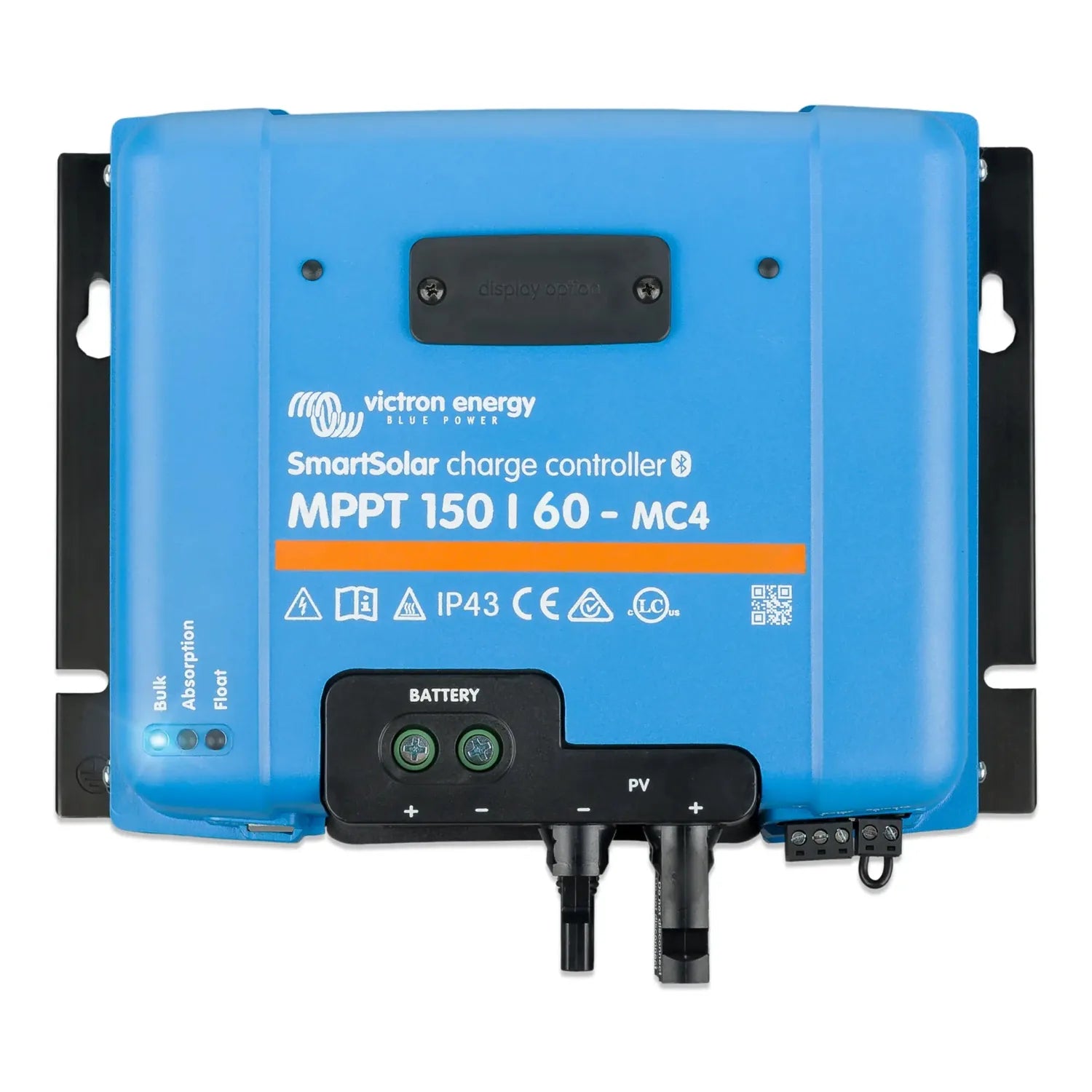 Blue Victron Energy SmartSolar MPPT 150/60-MC4 charge controller with black connectors and display panel shown front-on with 