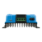 Blue Victron solar charge controller with black central panel, four green terminal blocks, and relay connectors, shown agains
