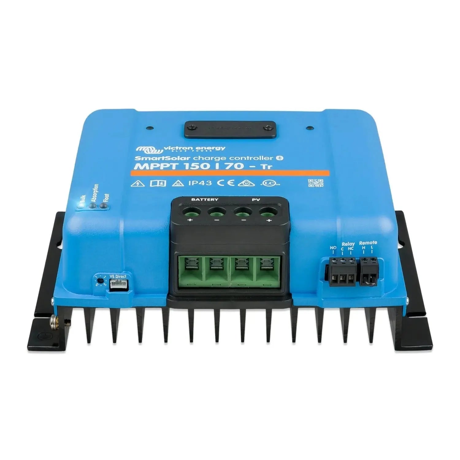 Victron Energy SmartSolar MPPT 150/70-Tr charge controller, blue top with black heatsink fins and green terminal blocks.