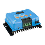 Blue Victron SmartSolar MPPT 150/70-Tr solar charge controller with black heat sink fins and green terminal blocks, displayed