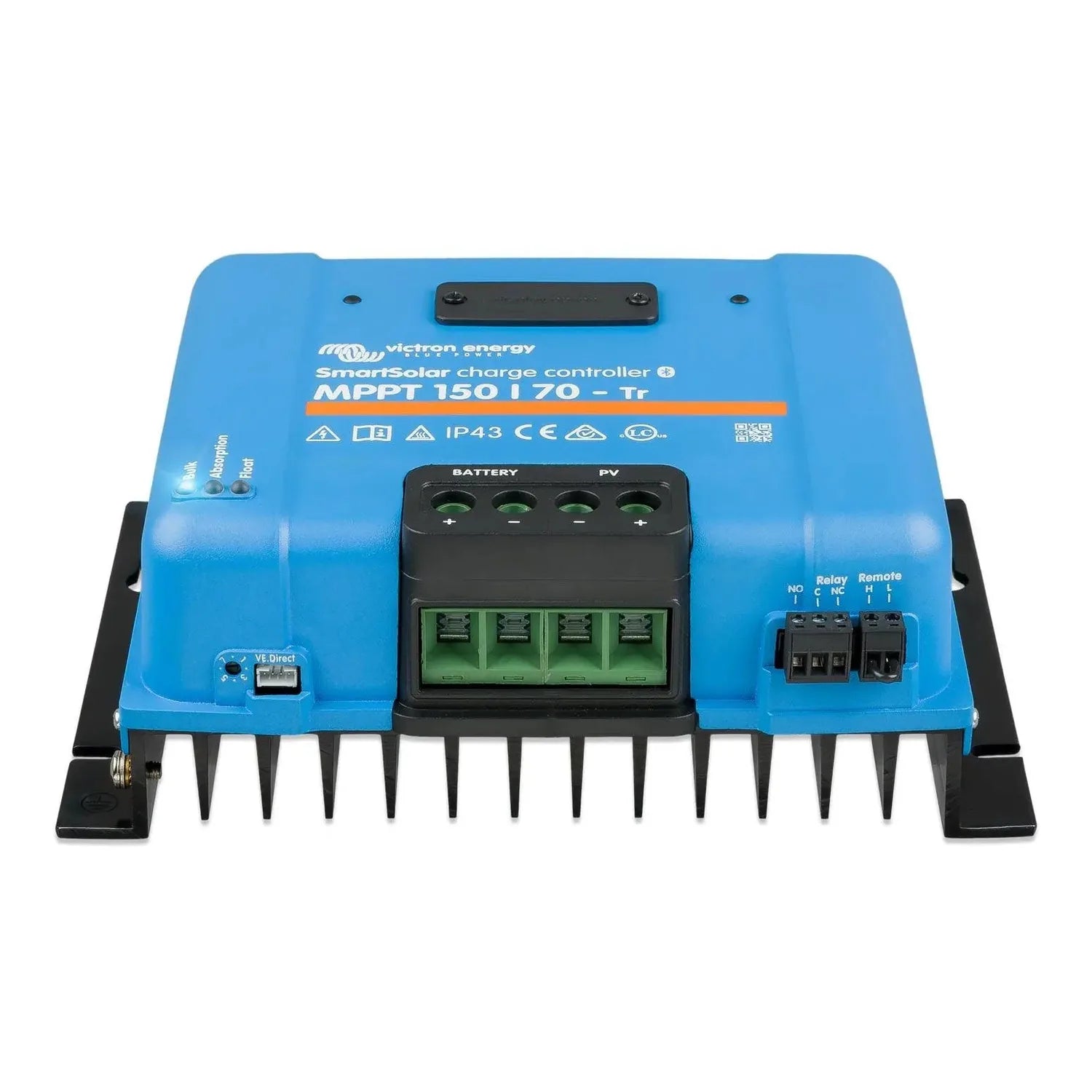 Victron SmartSolar MPPT 150/70-Tr charge controller, blue rectangular device with black heat sink fins, green terminal blocks