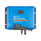 Victron Energy SmartSolar MPPT 150/70-MC4 charge controller with blue casing and black connectors and display panel.
