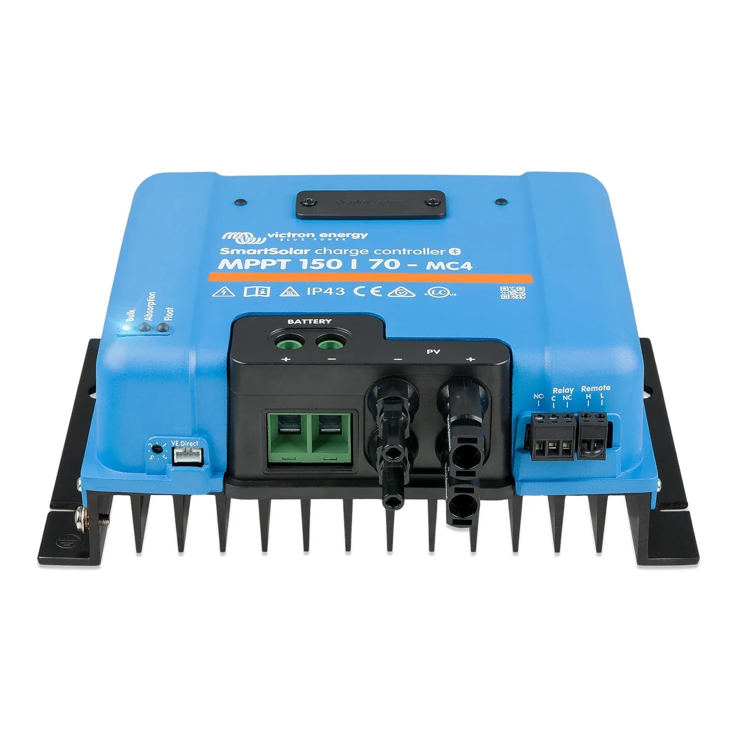 Victron Energy SmartSolar MPPT 150/70-MC4 charge controller, blue and black device with battery terminals, PV connectors, and