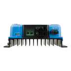 Blue and black solar charge controller with green display, four black knobs, relay terminals, and metal cooling fins along th