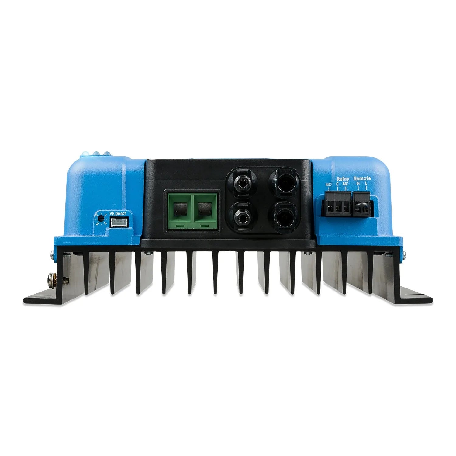 Blue and black solar charge controller with green display, four black knobs, relay terminals, and metal cooling fins along th