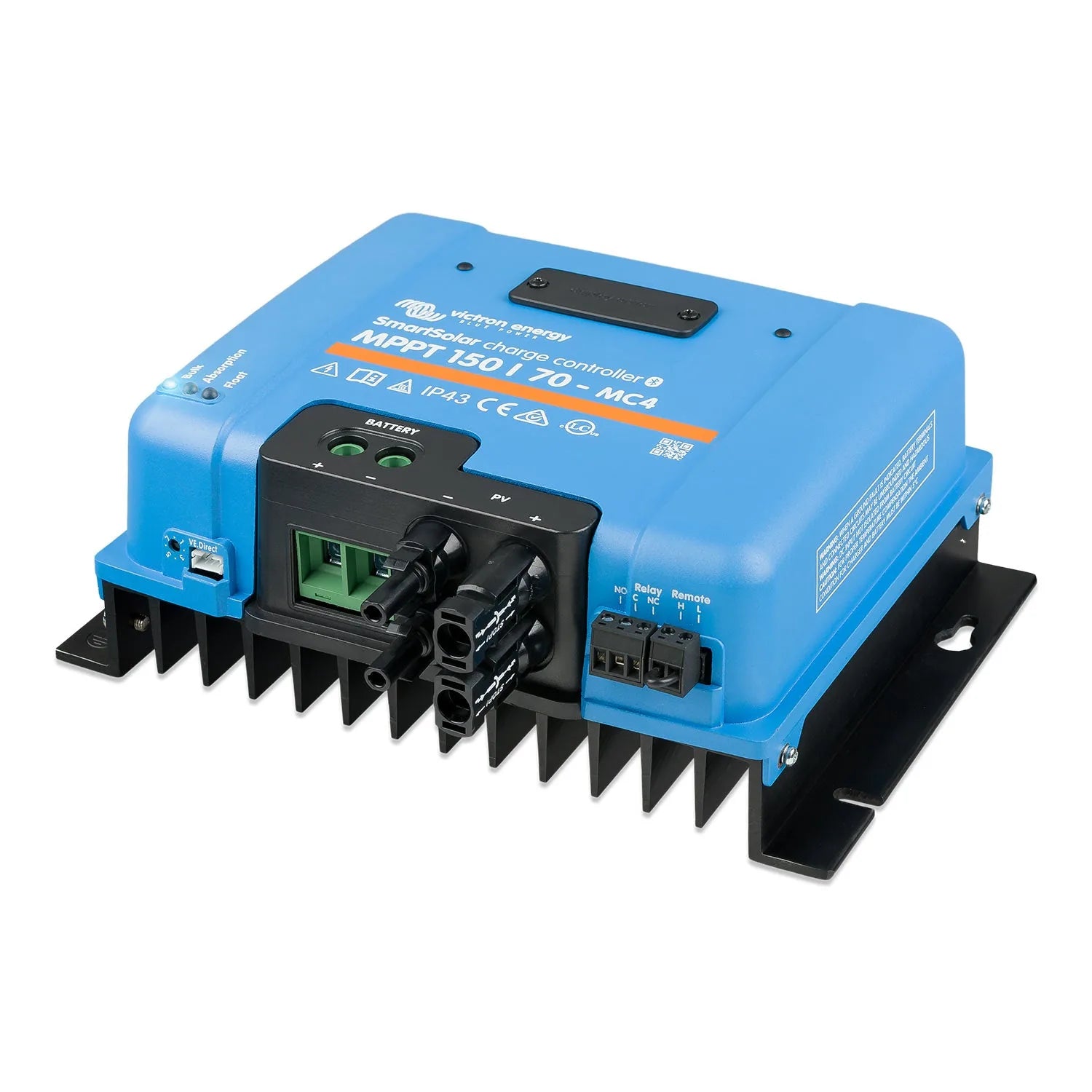 Victron blue solar charge controller with black heatsink fins, mounted on black bracket, showing control panel and terminals.