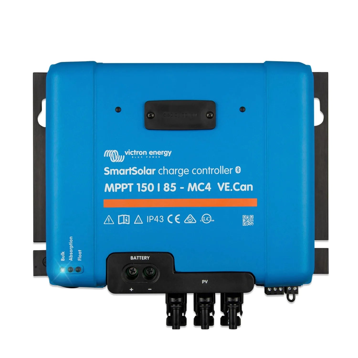 Victron Energy SmartSolar MPPT 150/85-MC4 blue charge controller with battery and PV connectors visible below.