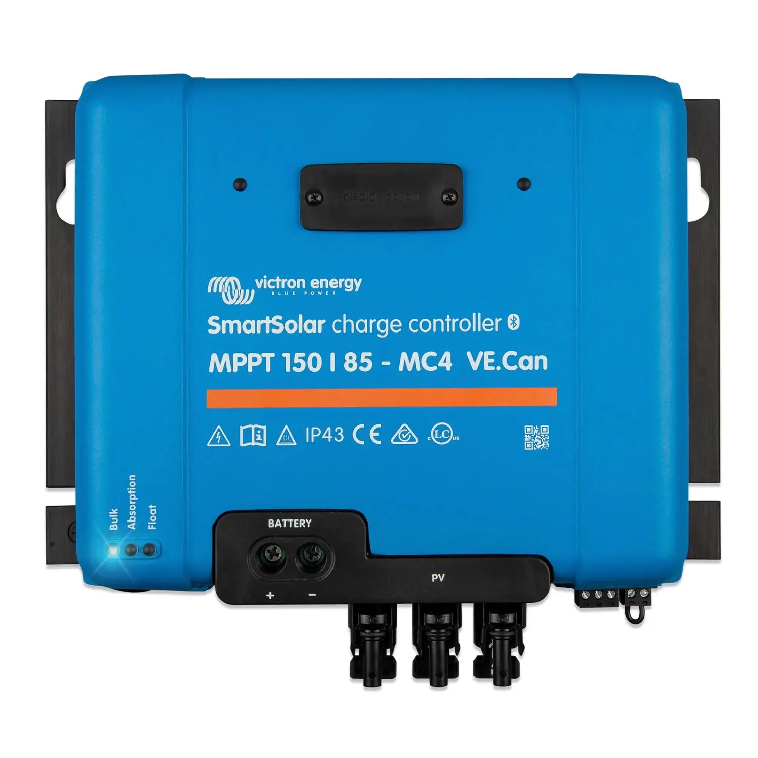 Victron Energy SmartSolar MPPT 150/85-MC4 charge controller, blue unit with battery and PV connectors visible.