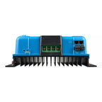 Blue and black solar charge controller with green terminal blocks, VE.Can connectors, and heat sink fins, product alone on wh