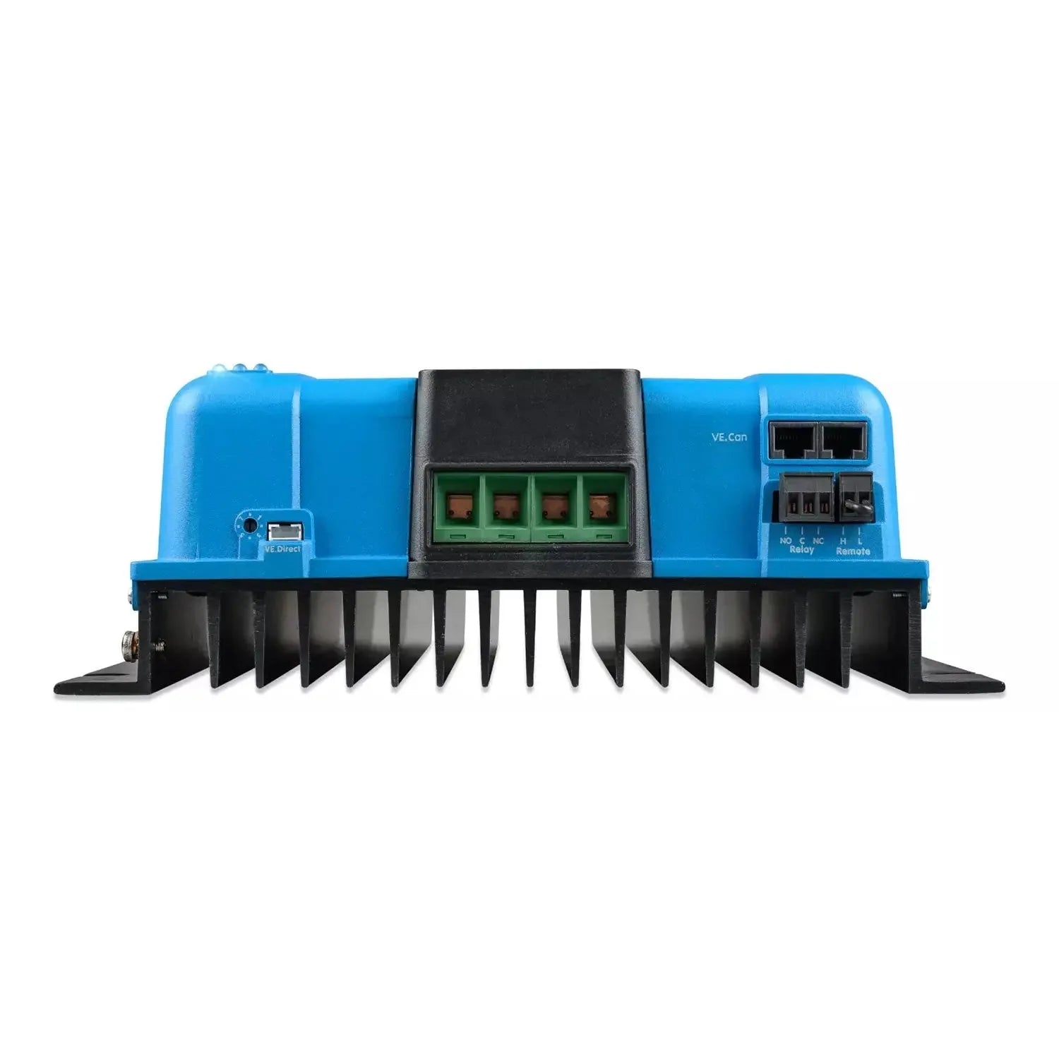 Blue and black solar charge controller with green terminal blocks, VE.Can connectors, and heat sink fins, product alone on wh