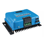 Blue Victron SmartSolar MPPT charge controller with black heatsink fins, green terminal block, and mounting bracket, product 
