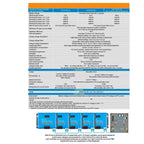 Victron SmartSolar charge controller specification sheet and product lineup showing five blue controllers with connectors and