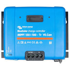 Victron BlueSolar MPPT 150/100-Tr VE.Can charge controller, front view showing blue casing with terminal block connectors and