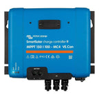 Victron Energy SmartSolar charge controller MPPT 150/100-MC4 VE.Can, blue rectangular device with battery and PV connectors s
