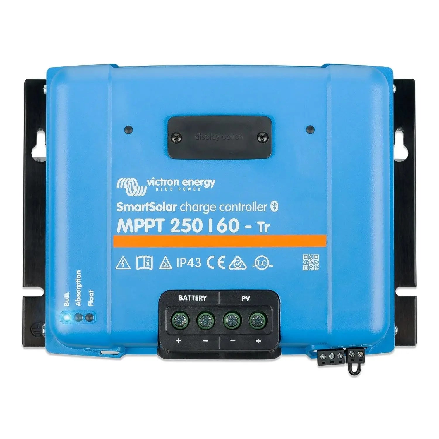 Victron Energy SmartSolar MPPT 250|60-Tr charge controller, blue front panel with black terminal block and status indicators.