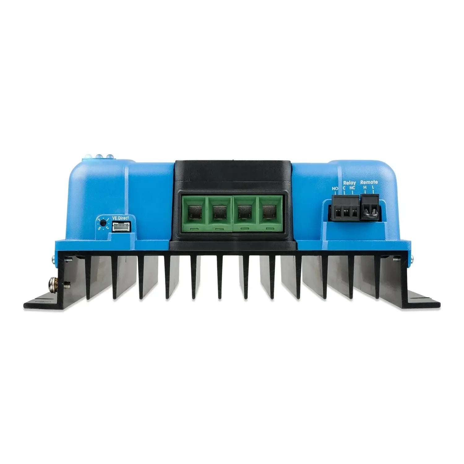 Blue and black Victron SmartSolar solar charge controller with green terminal blocks, digital display, and relay connections,