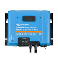 Victron Energy SmartSolar MPPT 250/60-MC4 charge controller, blue device with black connectors and battery terminals visible.