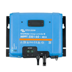 Victron Energy SmartSolar MPPT 250/60-MC4 charge controller, blue device with black connectors and battery terminals visible.