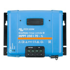 Victron Energy SmartSolar MPPT 250/70-Tr blue charge controller with black terminal block and status indicators, front view.