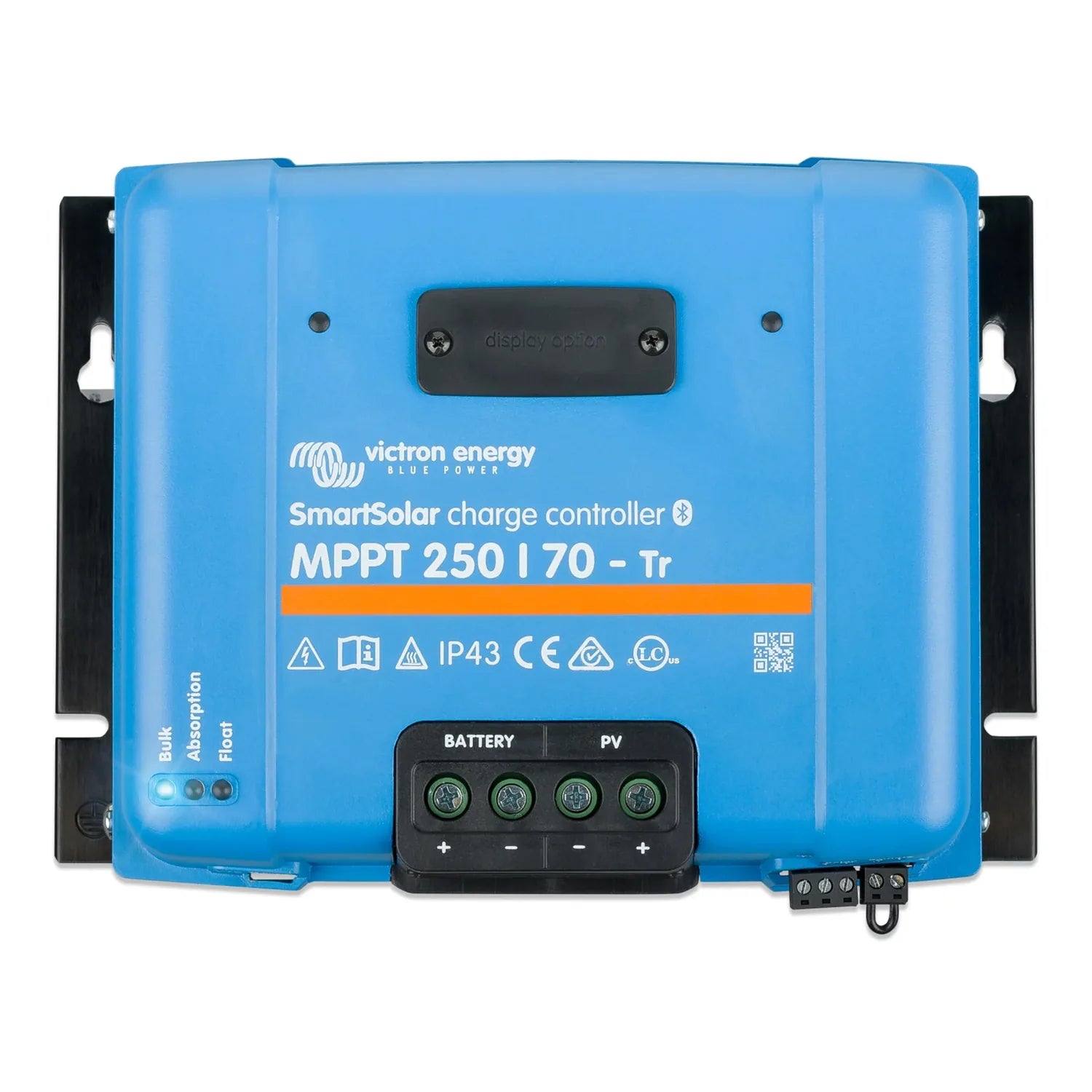 Victron Energy SmartSolar MPPT 250/70-Tr blue charge controller with black terminal block and status indicators, front view.
