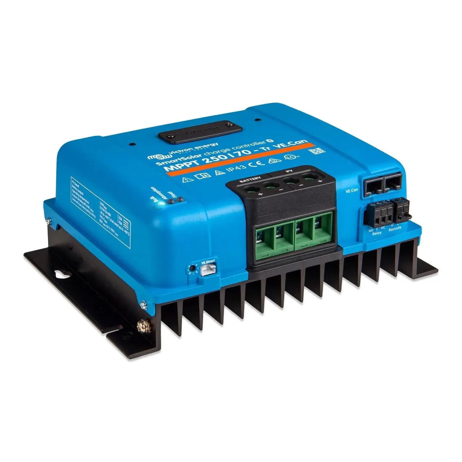 Blue Victron SmartSolar MPPT solar charge controller with black heatsink fins and green terminal block connectors.
