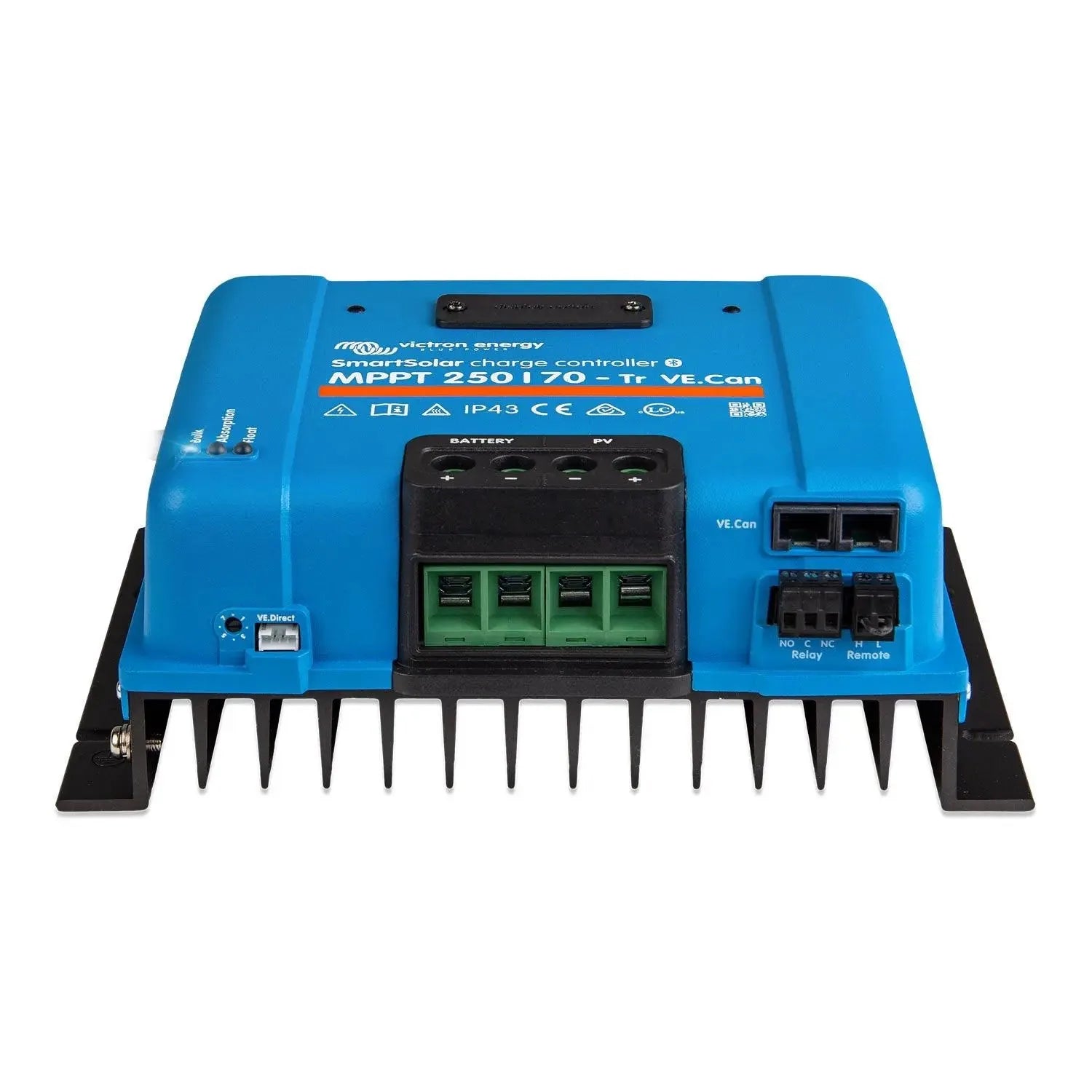 Victron SmartSolar MPPT 250/70 blue charge controller with black heat sink fins, terminal blocks, and VE.Can connectors, prod