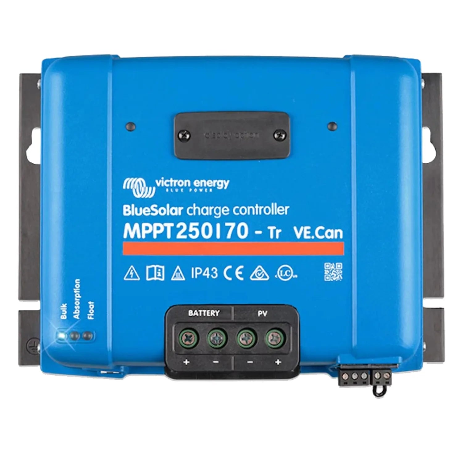 Victron BlueSolar MPPT 250/70-Tr VE.Can charge controller, blue rectangular device with battery and PV terminal connectors.