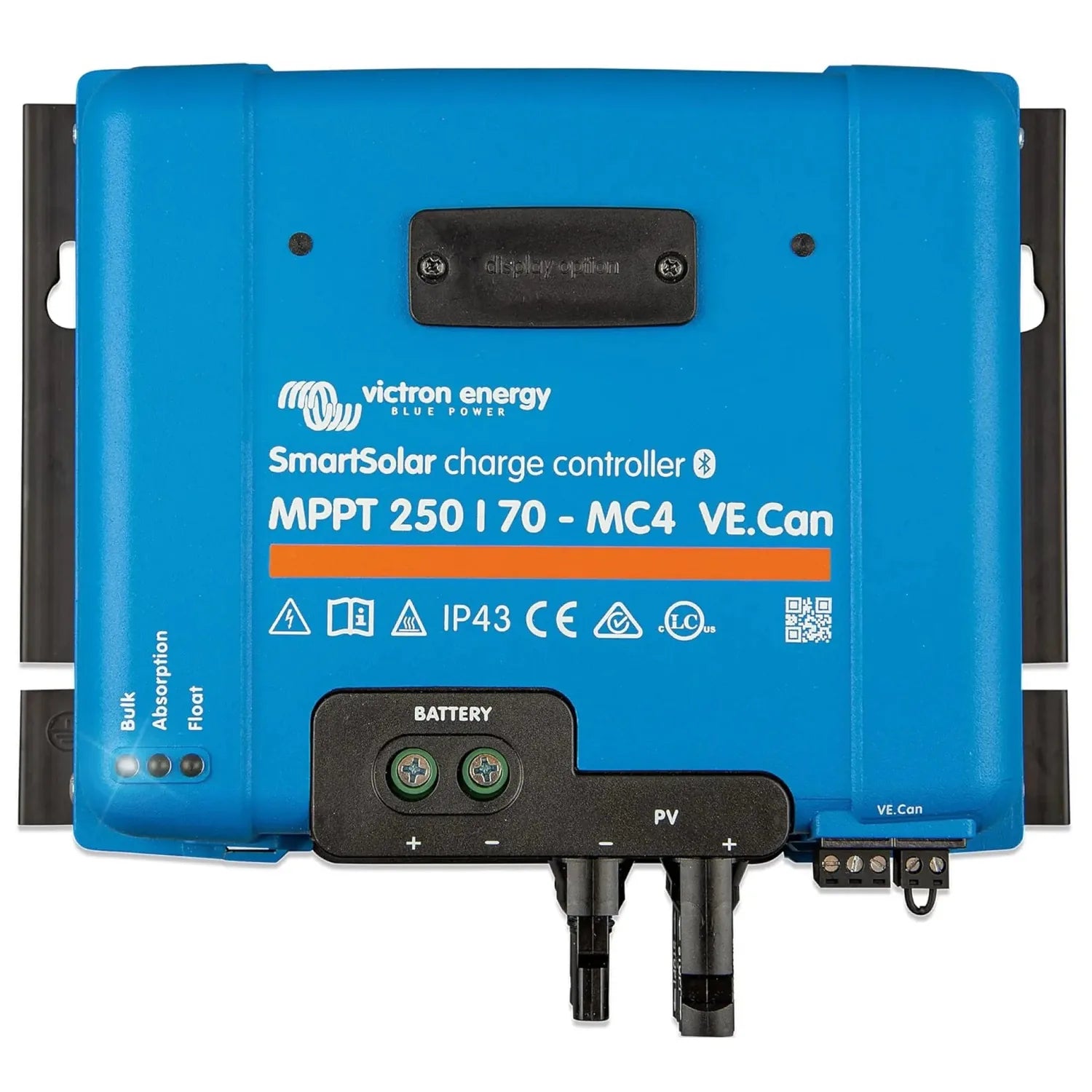 Victron Energy SmartSolar MPPT 250/70-MC4 charge controller, blue front panel with status lights, battery terminals, and PV i