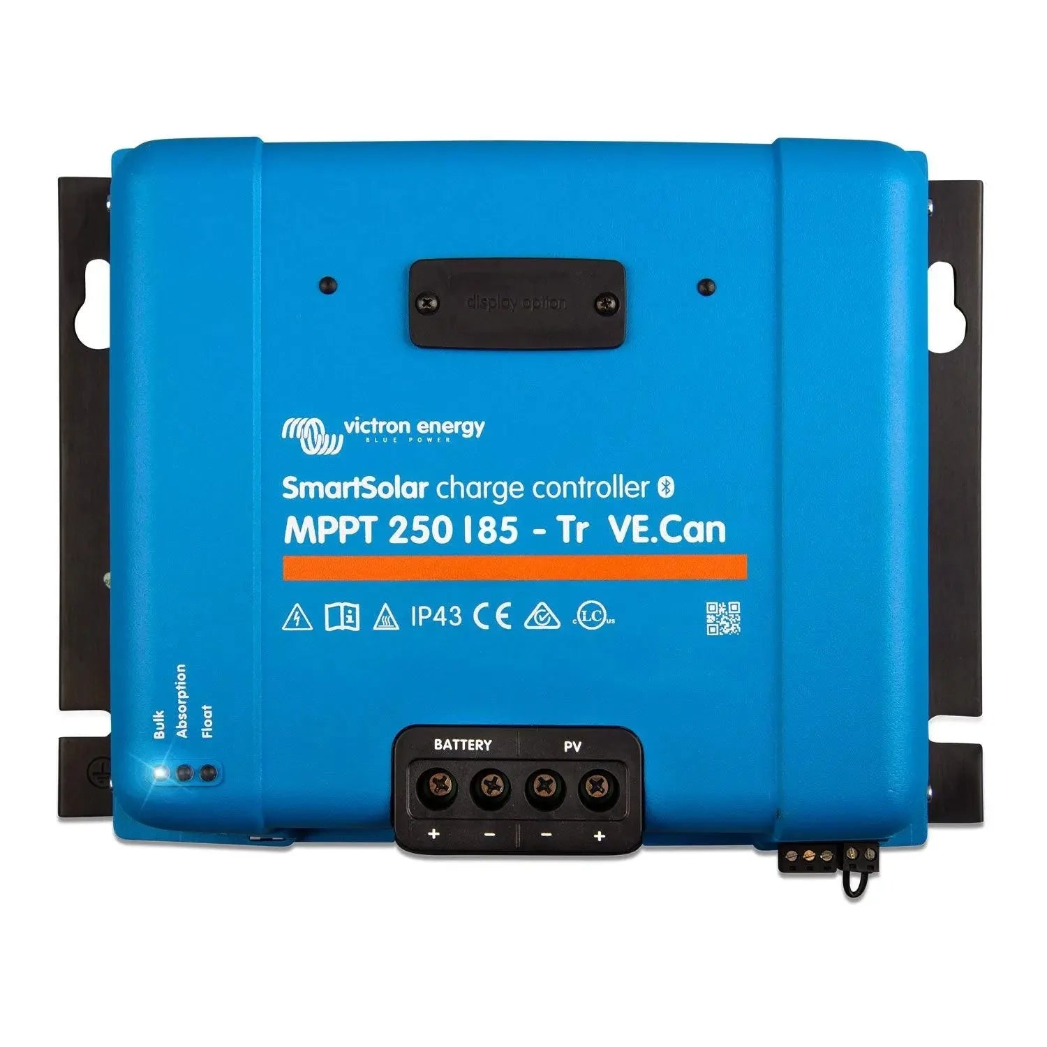Victron Energy SmartSolar MPPT 250/85-Tr VE.Can charge controller, blue rectangular device with black side brackets and batte