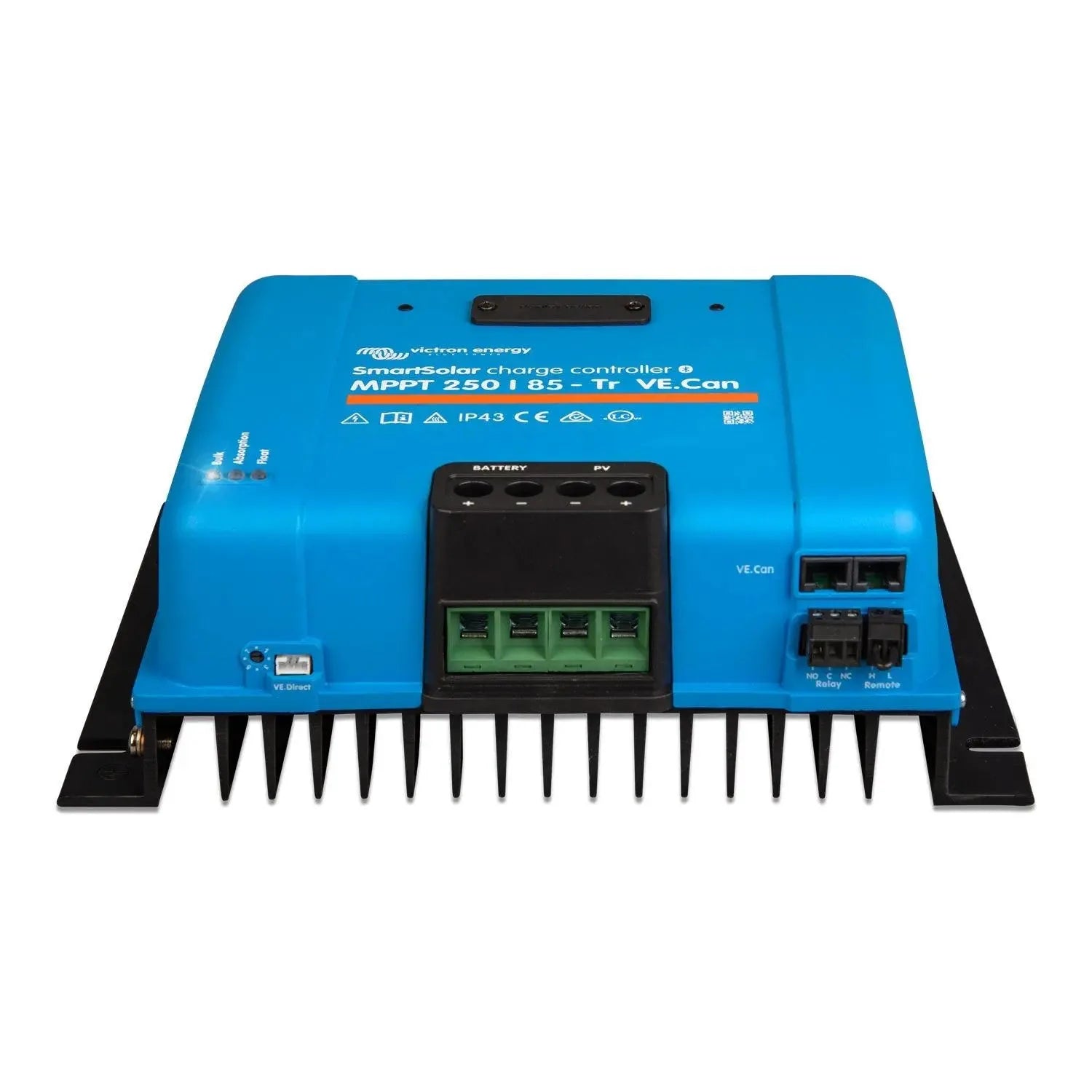 Victron SmartSolar MPPT 250/85-Tr VE.Can charge controller, blue casing with black heat sink fins, showing battery and PV ter