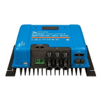 Victron SmartSolar MPPT 250/85 MC4 VE.Can charge controller, blue with black connectors and heat sink fins, shown from above.