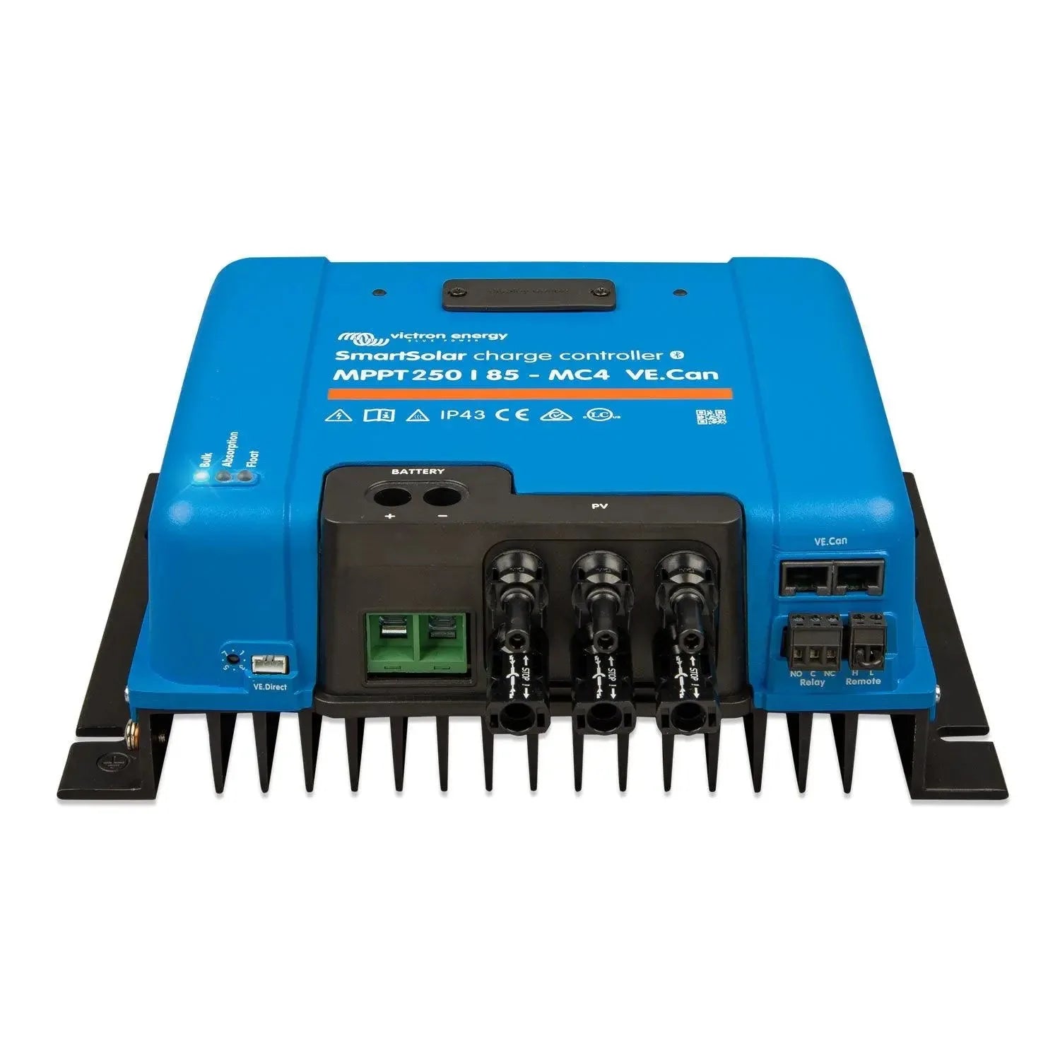 Victron SmartSolar MPPT 250/85 MC4 VE.Can charge controller, blue with black connectors and heat sink fins, shown from above.