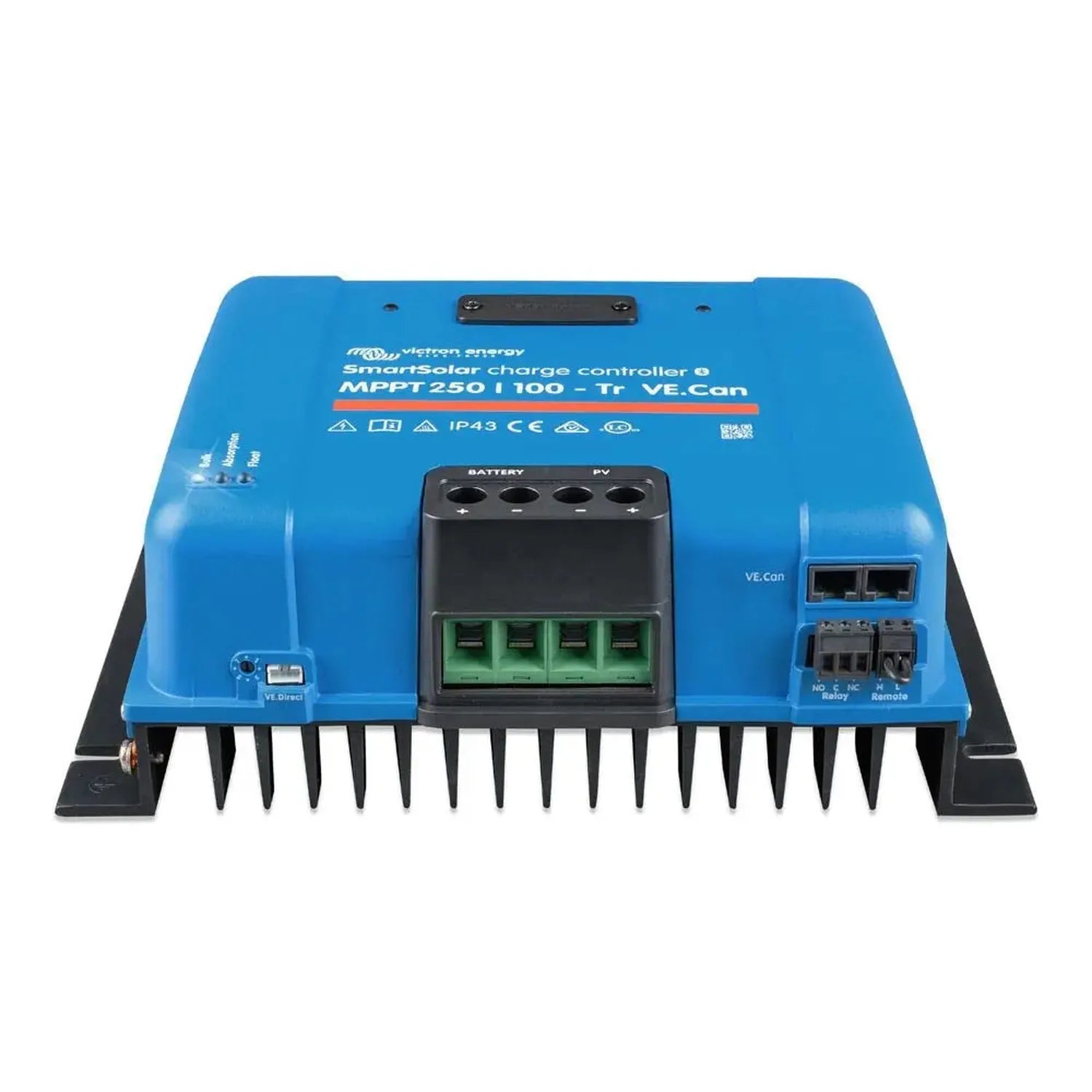 Victron SmartSolar MPPT 250/100 charge controller, blue rectangular device with black heat sink fins, black terminal blocks a